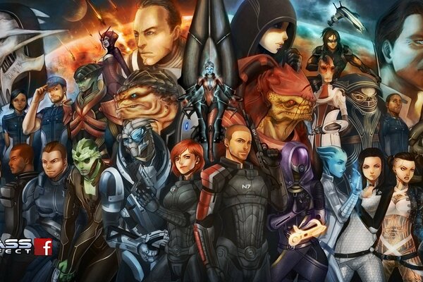 A lot of mass effect characters on the background of the earth