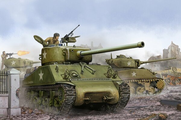 El principal tanque medio estadounidense Sherman durante una batalla de tanques con un petrolero en una torreta