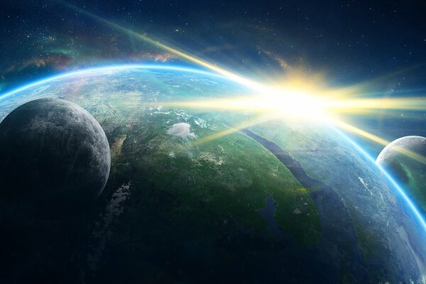 Поверхность Земли со спутниками и свечением на фоне синего космоса