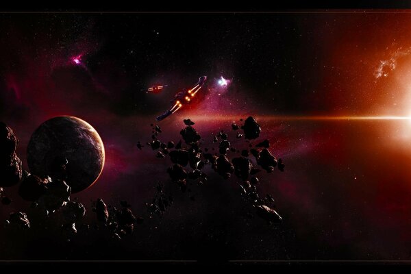 A planet on a background of scarlet glow with destroyed meteorites in space