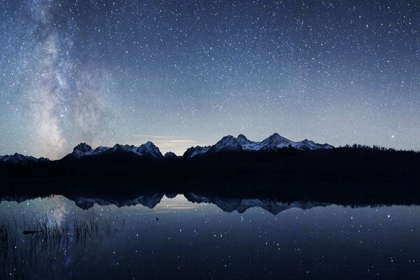 Lac de montagne dans lequel le ciel étoilé se reflète