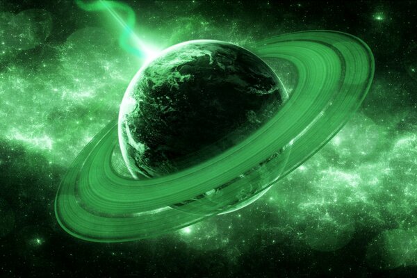 Arte verde del universo y el planeta Saturno