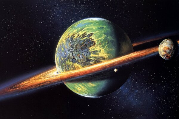 Fantástico planeta verde con satélite