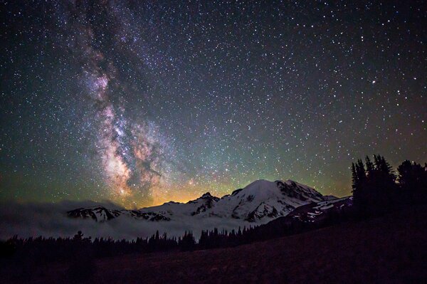 Cielo stellato, montagne nella neve e la Via Lattea