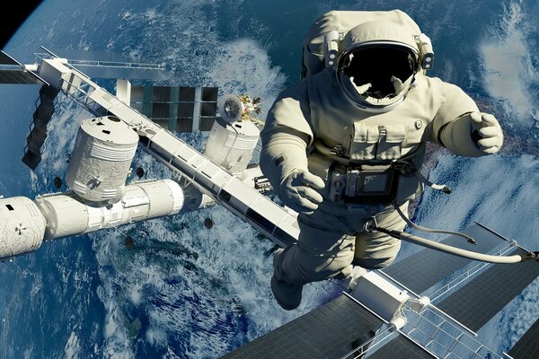 An astronaut on a space station in outer space