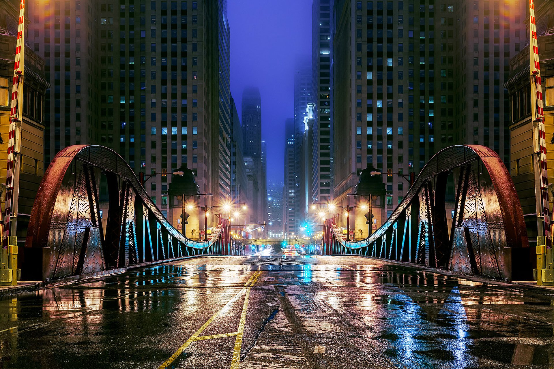 chicago il usa ville pont route rue nuit soirée lumières gratte-ciel bâtiments flaques d eau eau réflexion
