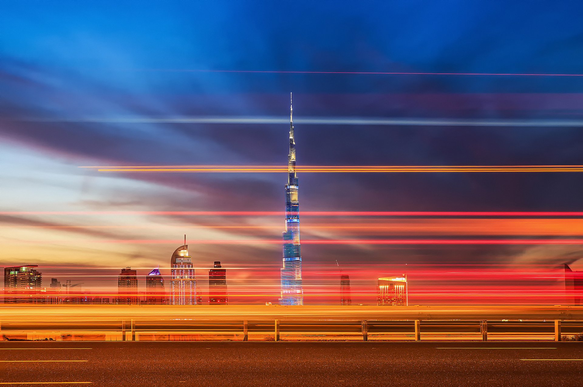 united arab emirates town dubai burj khalifa road lights night extract