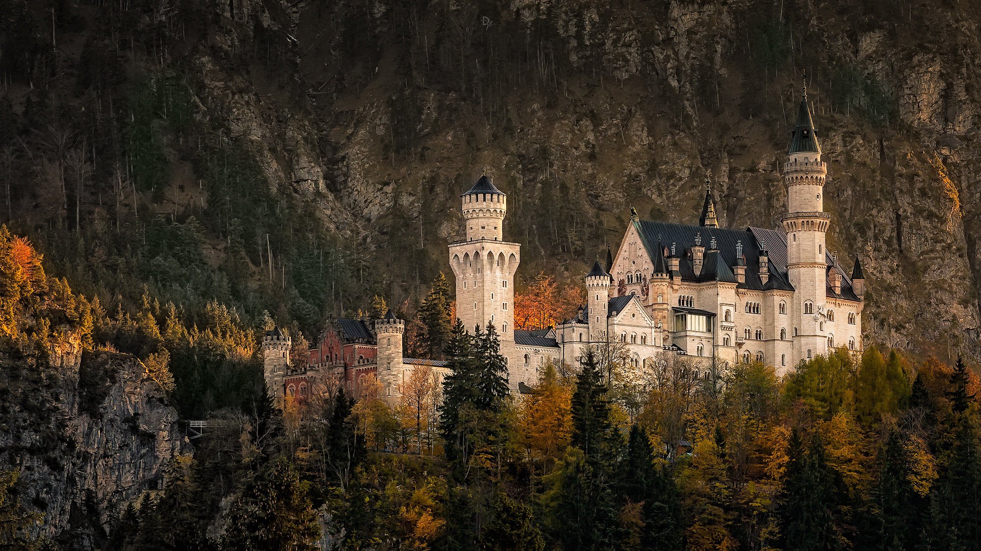 deutschland südwestbayern schloss neuschwanstein felsen wald herbst november