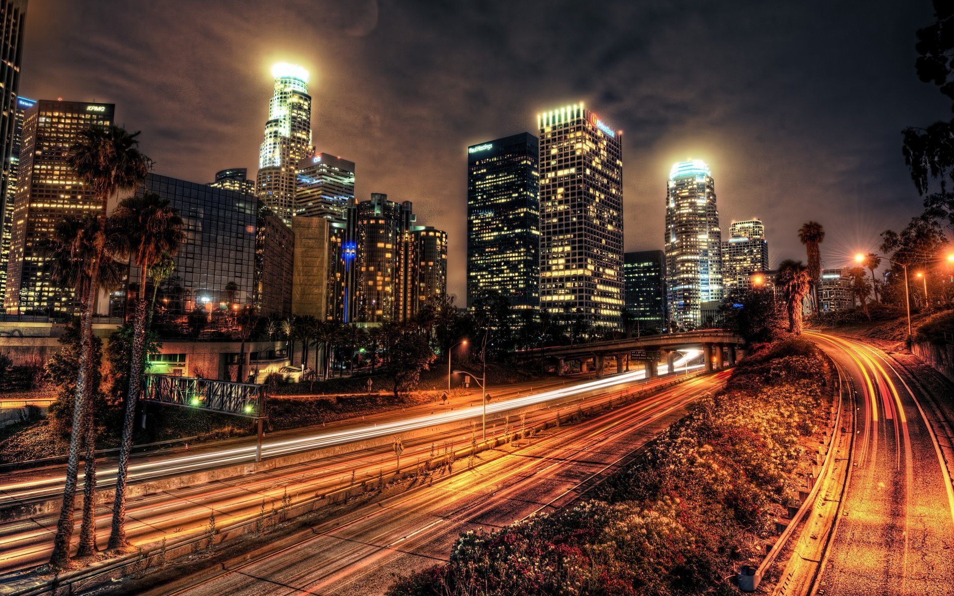 los angeles sity night high-rise buildings house road