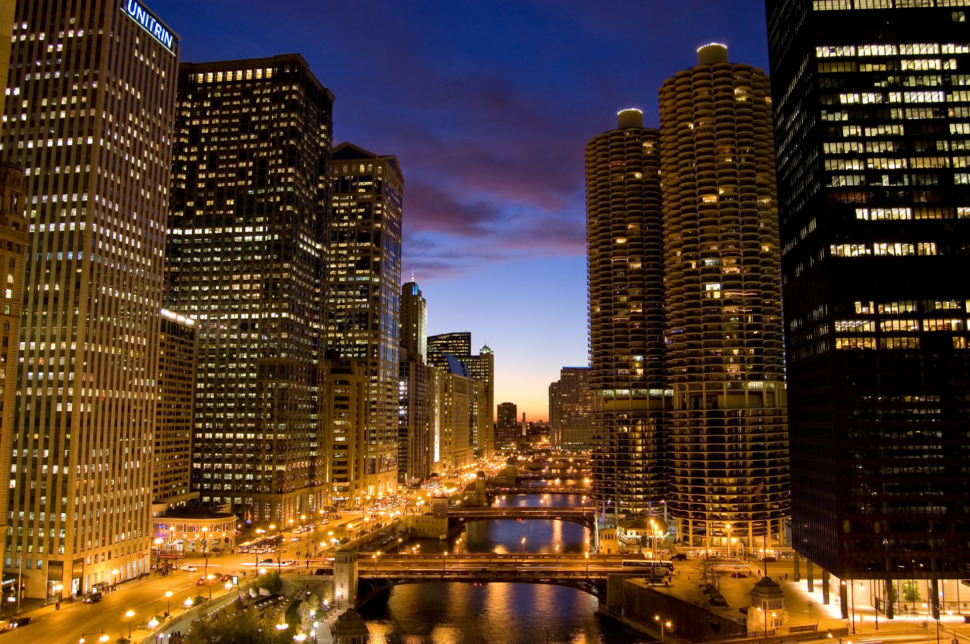 chicago america stati uniti notte luci ponti edifici grattacieli grattacieli