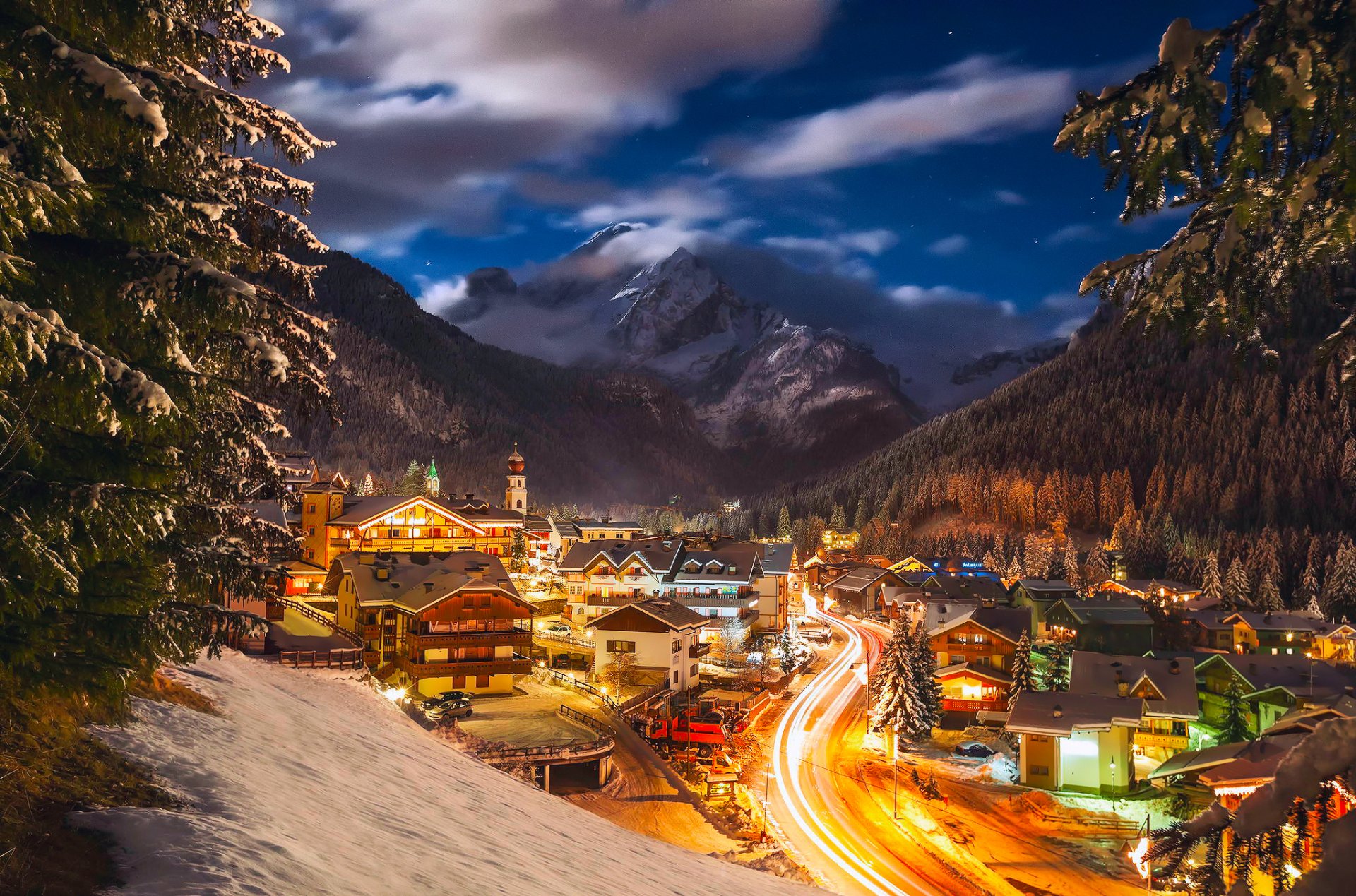 italy municipality canazei resort night lights house january winter snow