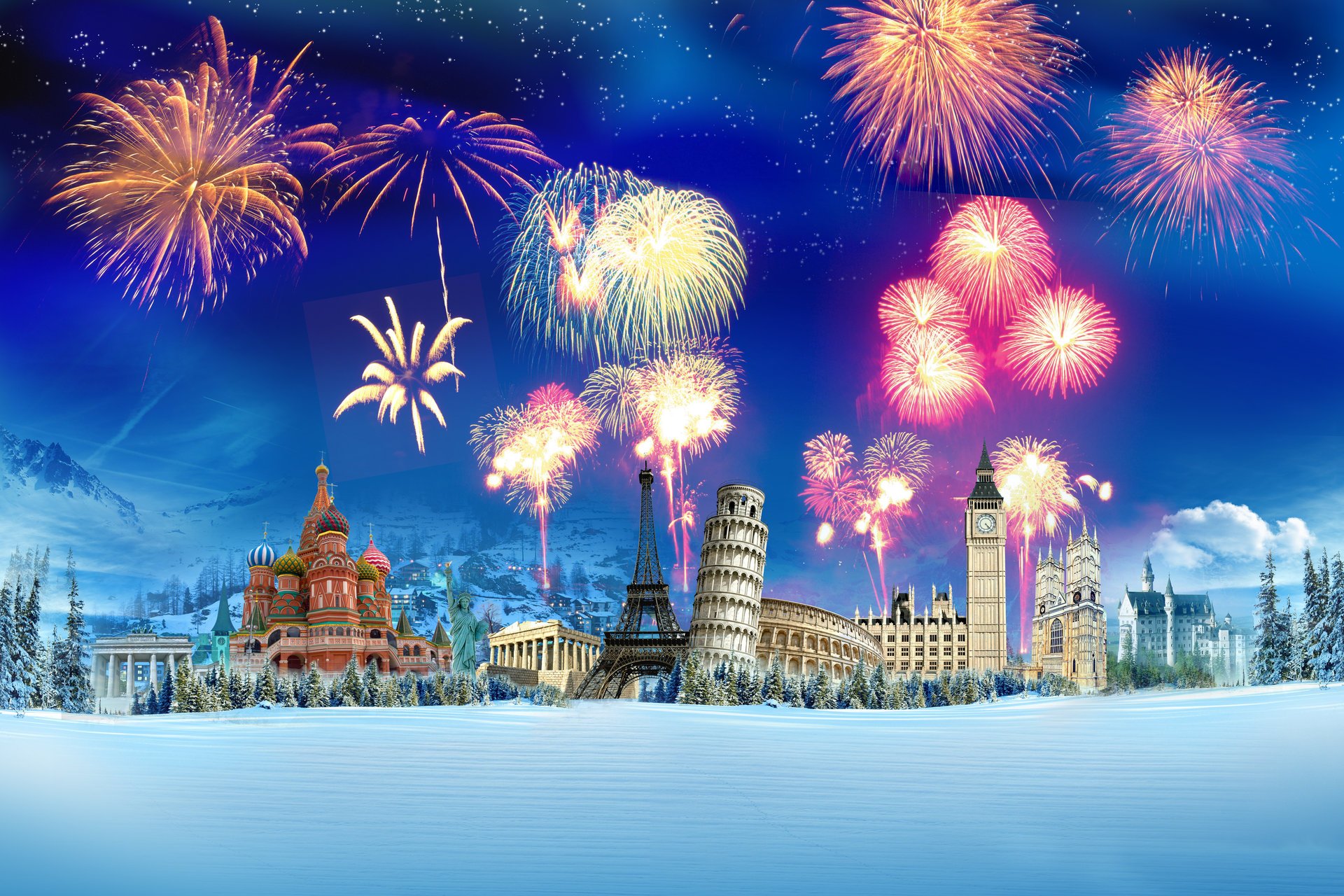 the fireworks snow salute the kremlin winter the leaning tower of pisa