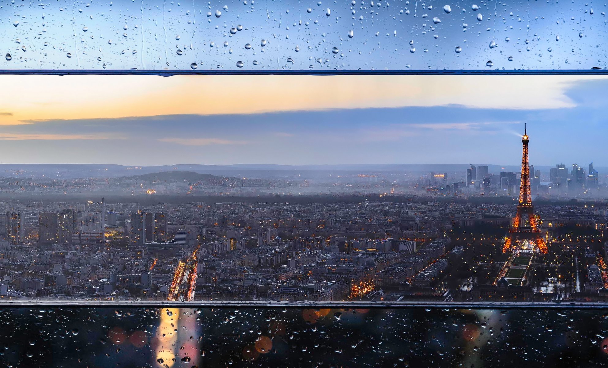 francia ciudad parís eiffel torre casa noche luces vidrio gotas bokeh