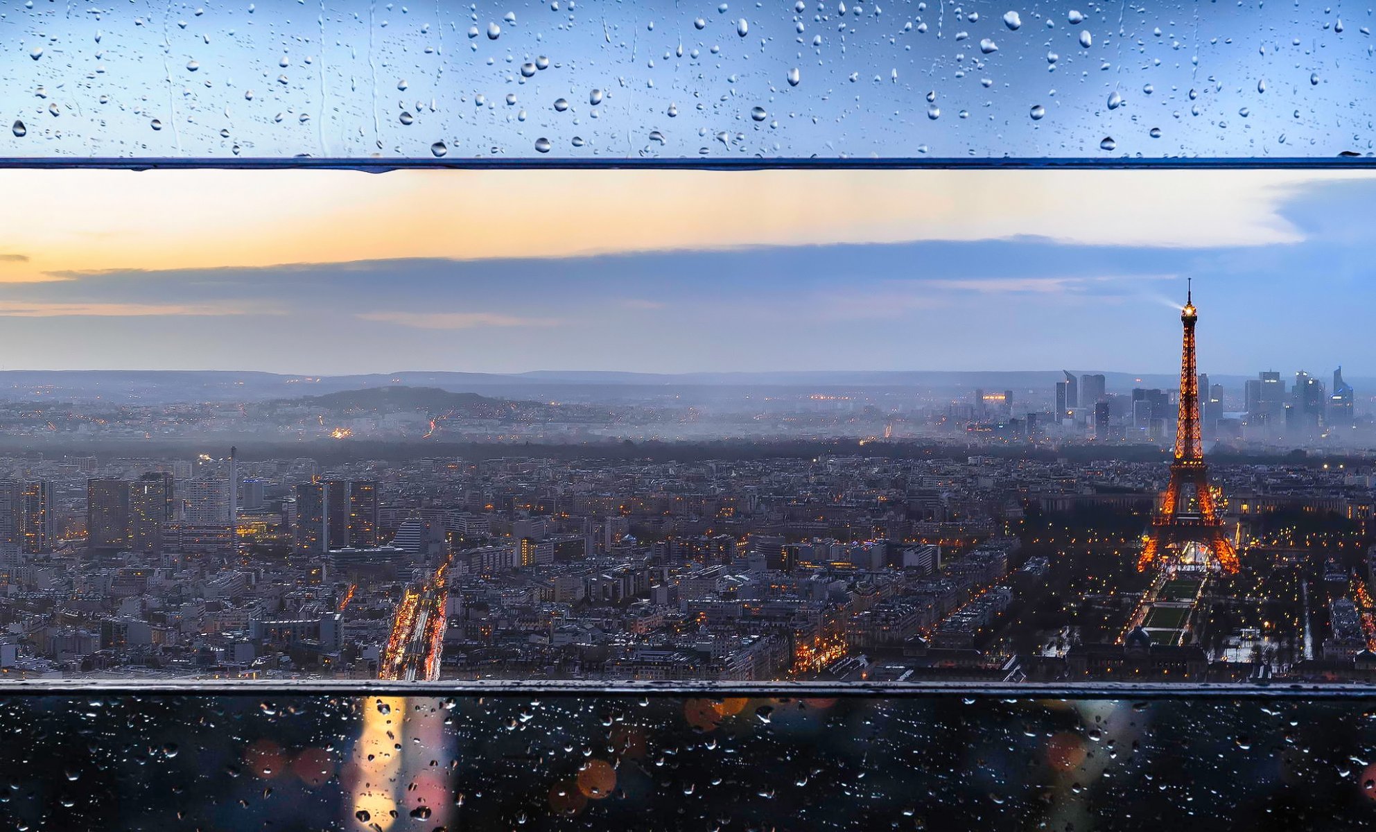 france town paris eiffel tower house night lights glass drops bokeh