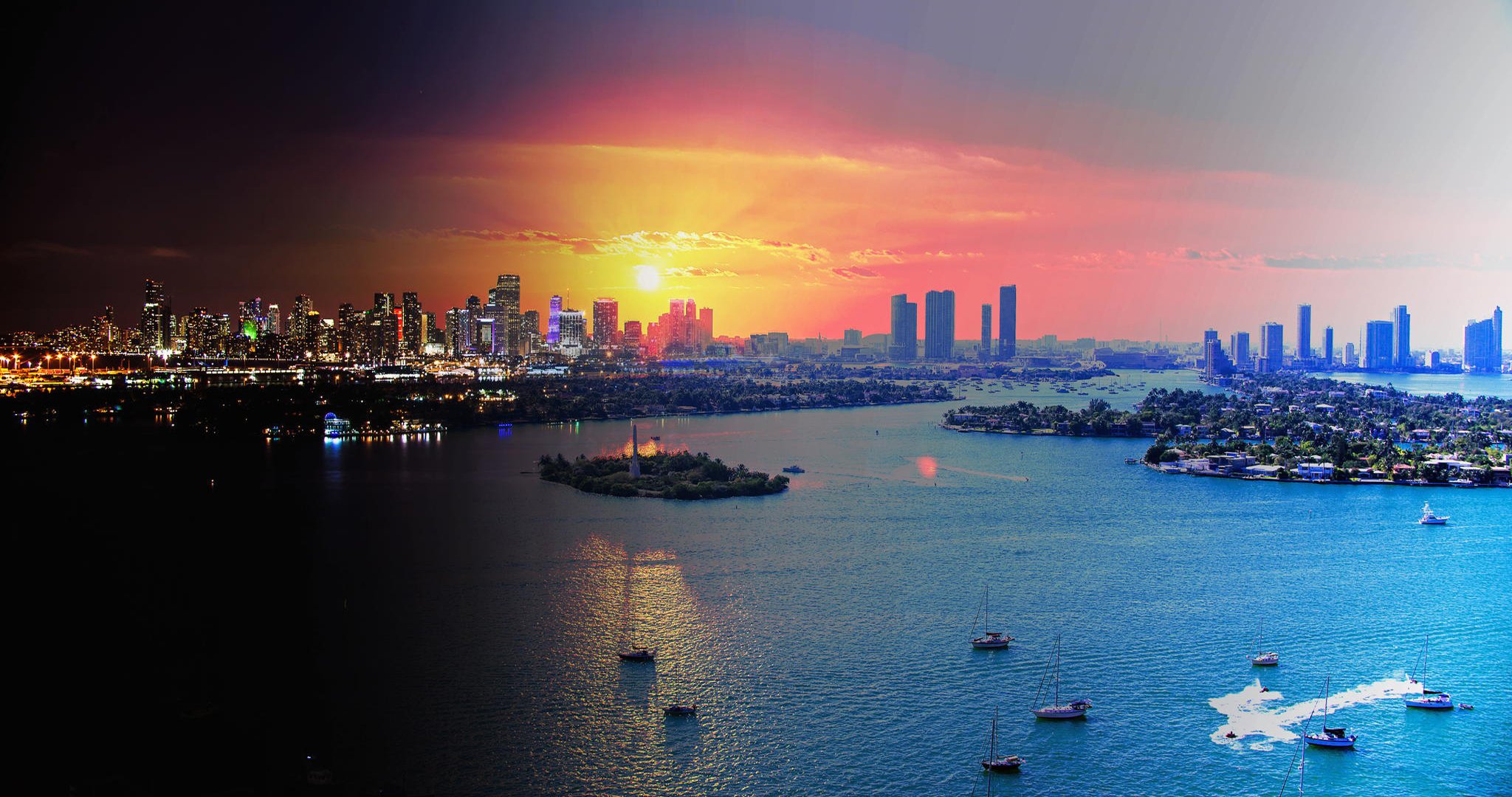 miami florida night lights panorama