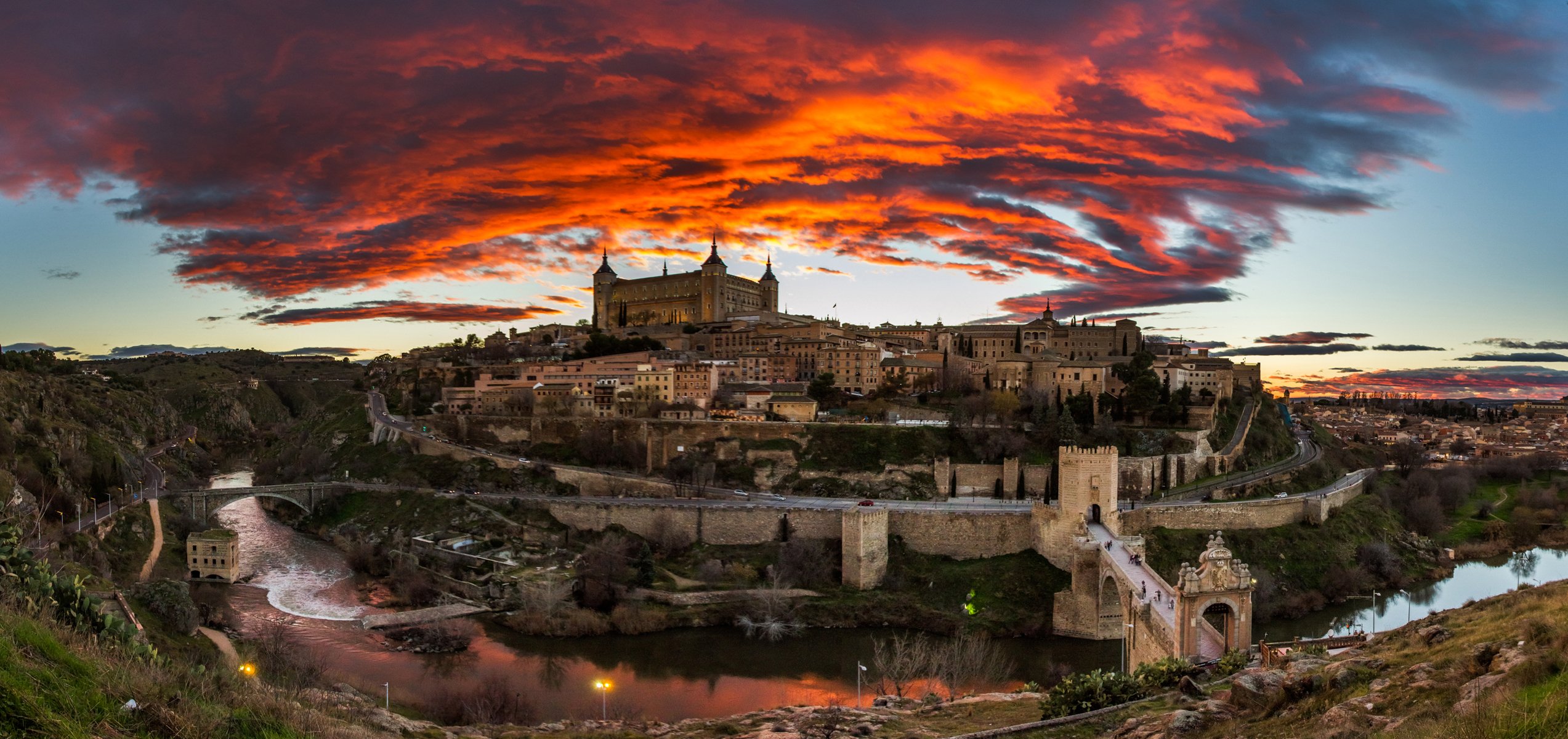 toledo españa paisaje cielo nubes resplandor tarde río casa castillo puente