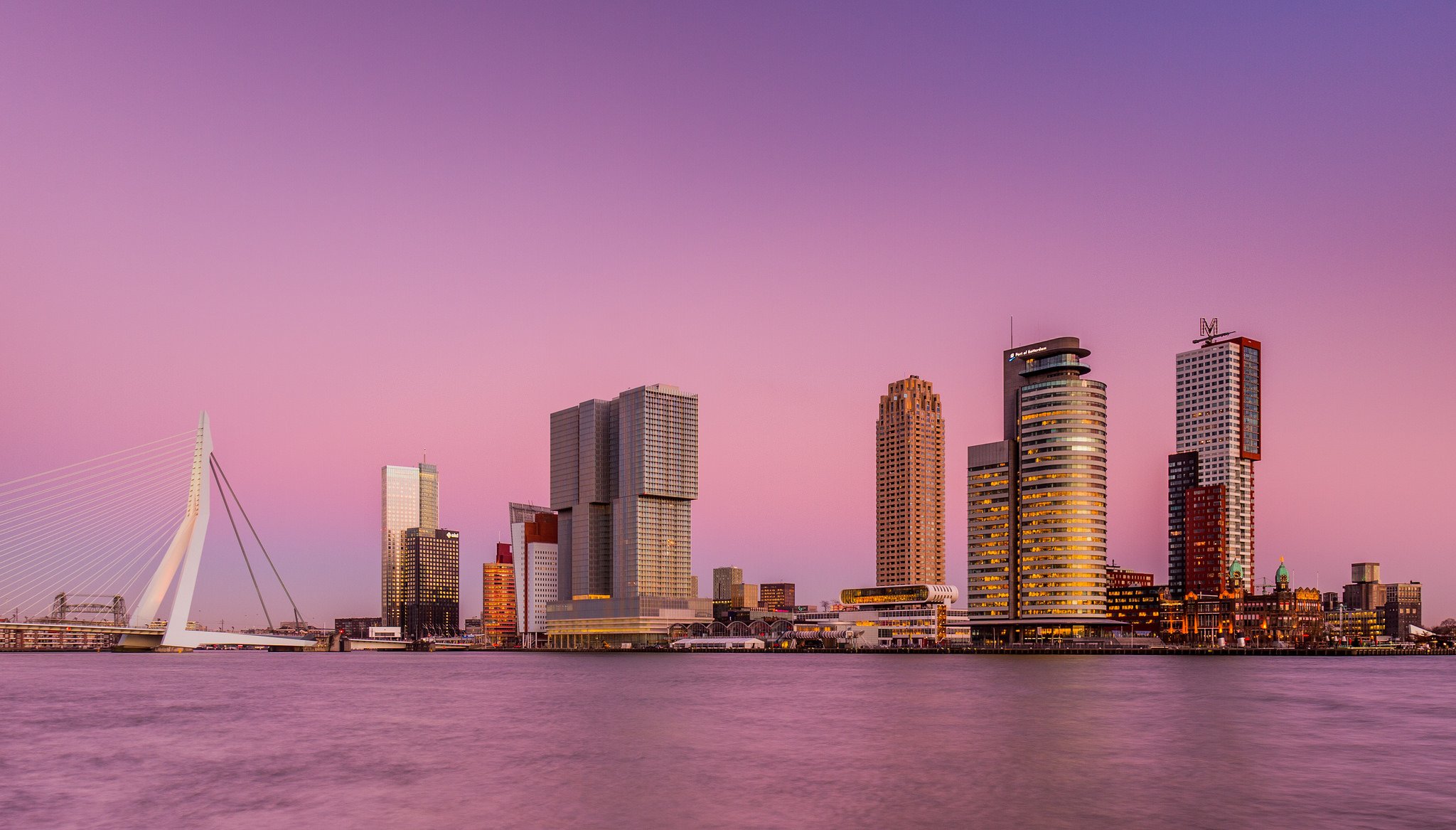 paesi bassi rotterdam città grattacieli ponte fiume rosa cielo