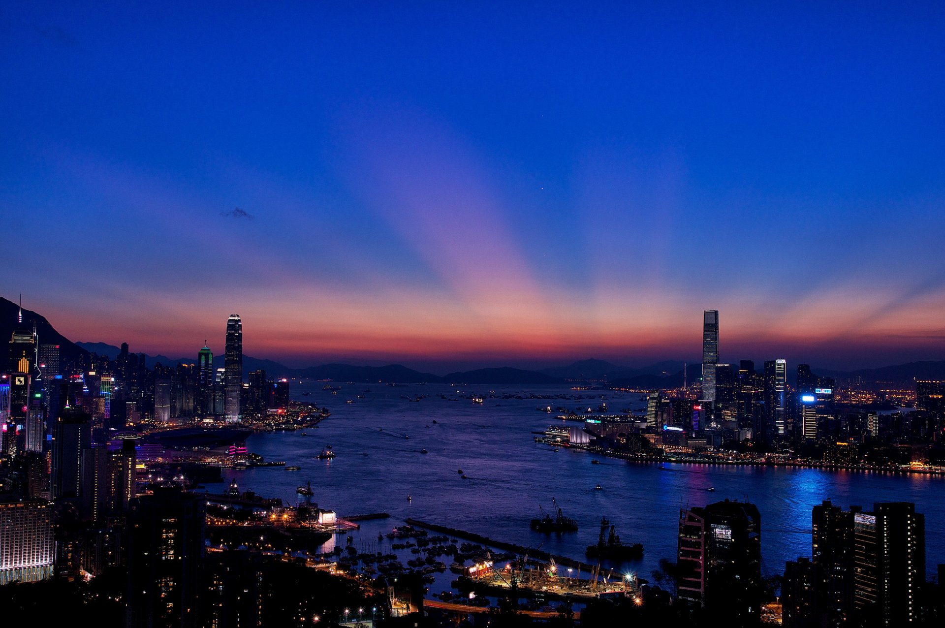 hong kong evening night bay lights skyscrapers buildings city panorama