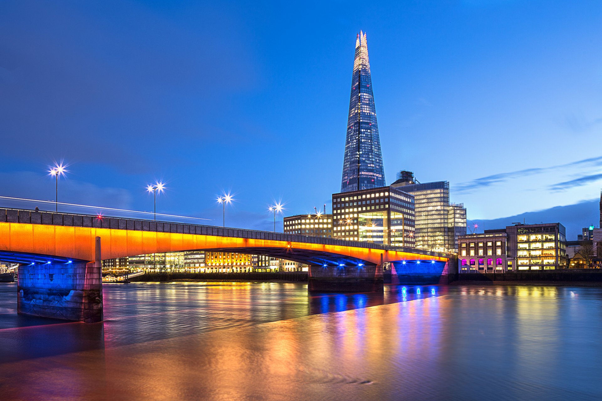 london england united kingdom capital city capital shard southwark bridge bridge river thames evening lights lighting lanterns illumination exposure blue sky cloud