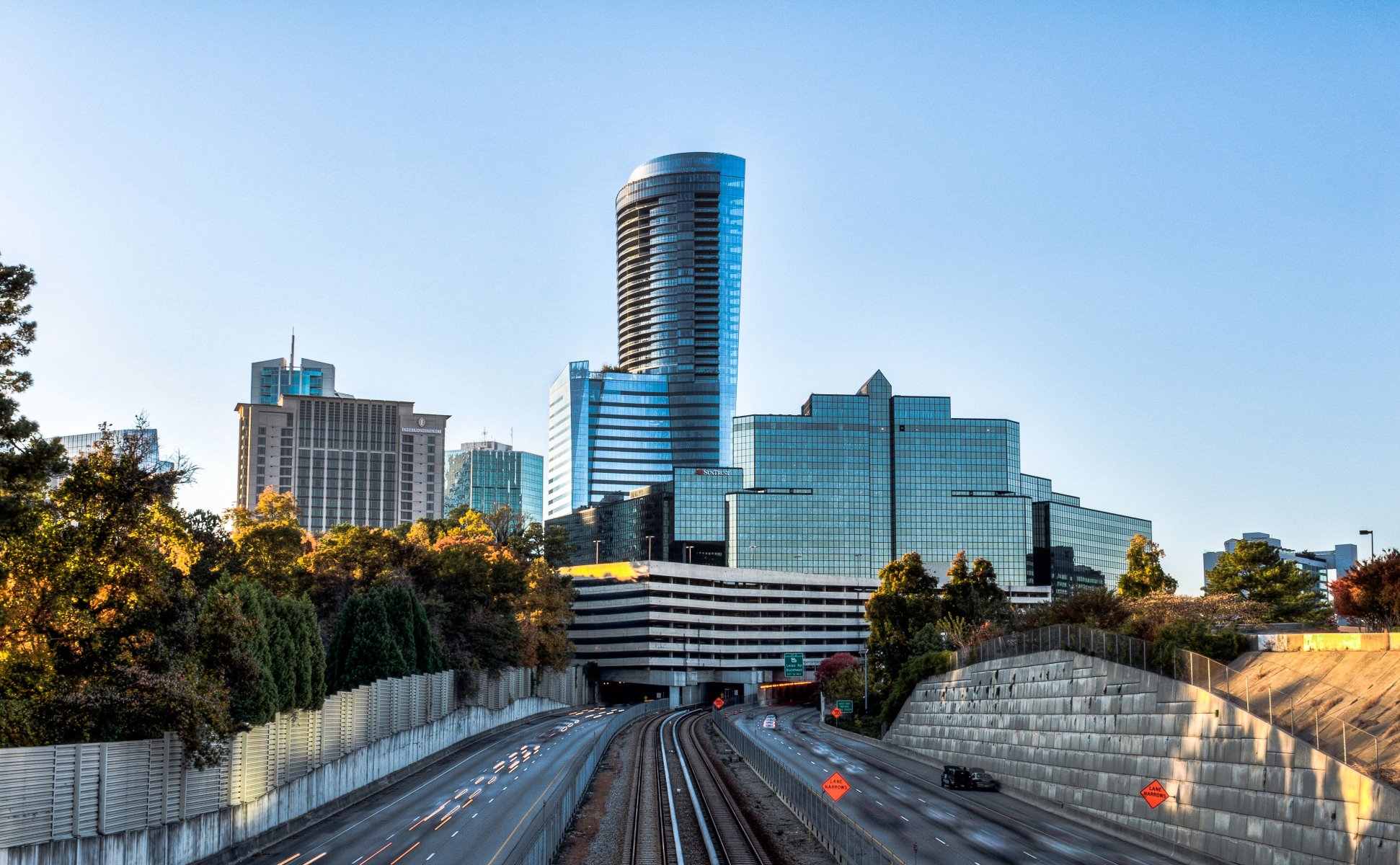 city skyscrapers sky trees road atlanta georgia usa highway buckhead georgia hdr