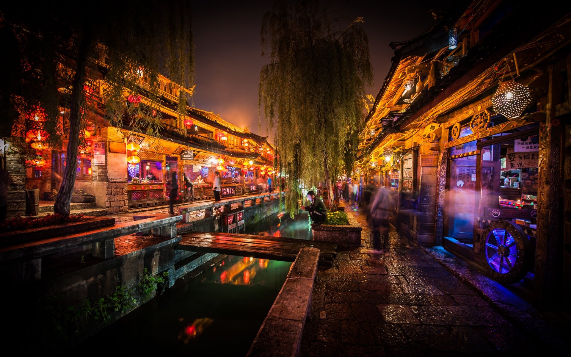 china night shot lijiang dunkel markt kanal