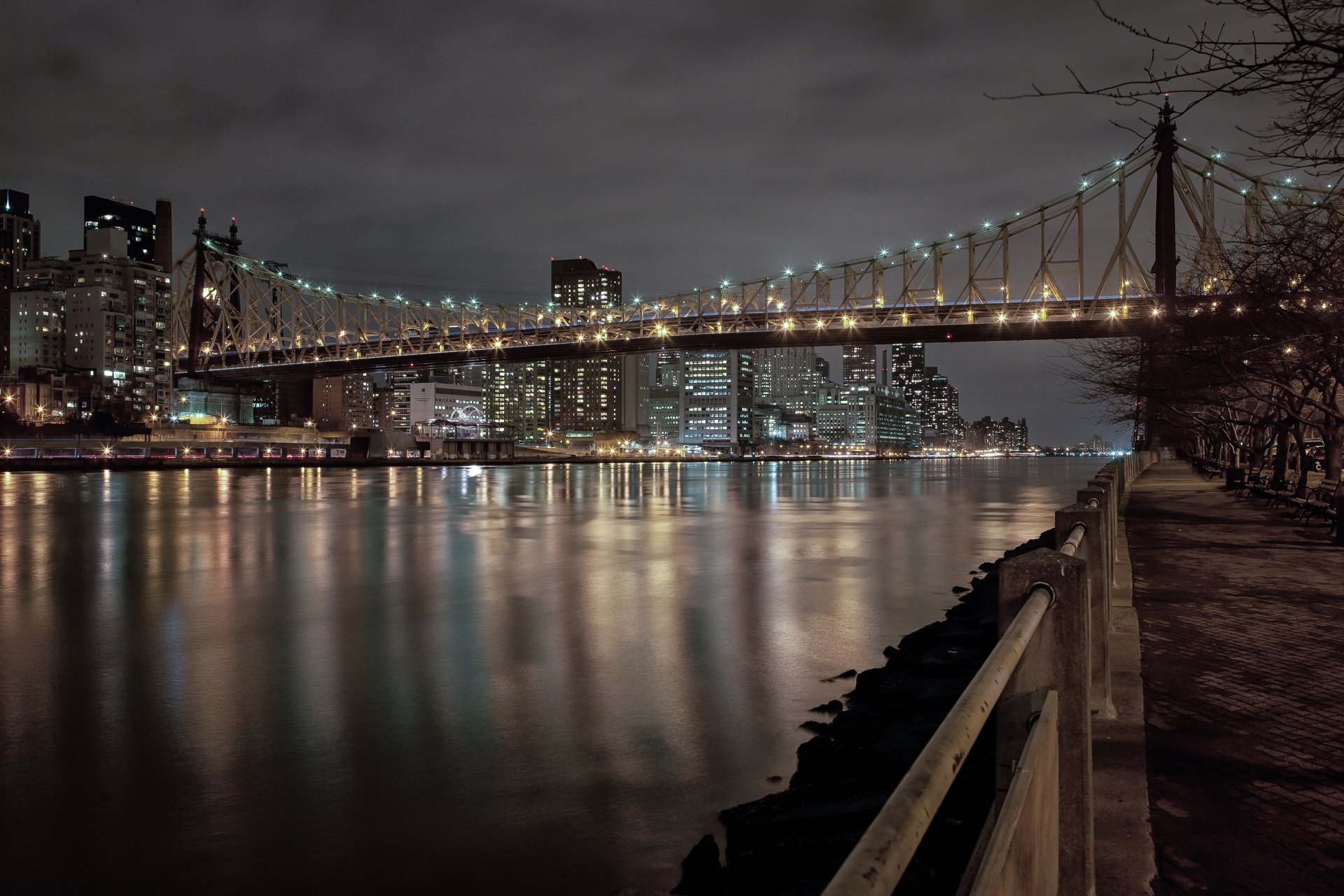 nueva york roosevelt east river puente ciudad luces noche parque bancos luces edificios