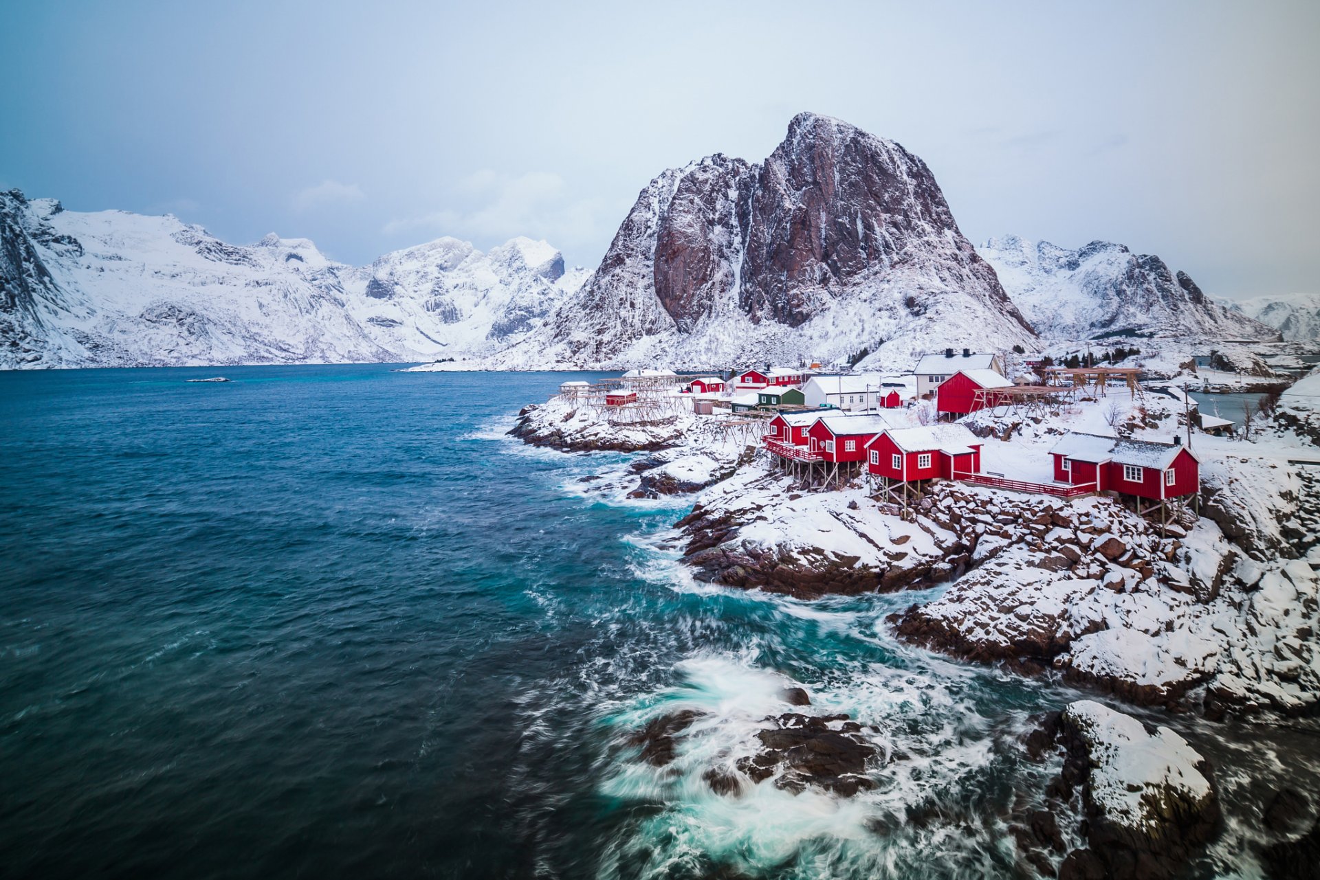 norwegia lofoty morze norweskie archipelag gmina moskenes fülke nurlann osada miasteczko zima luty śnieg
