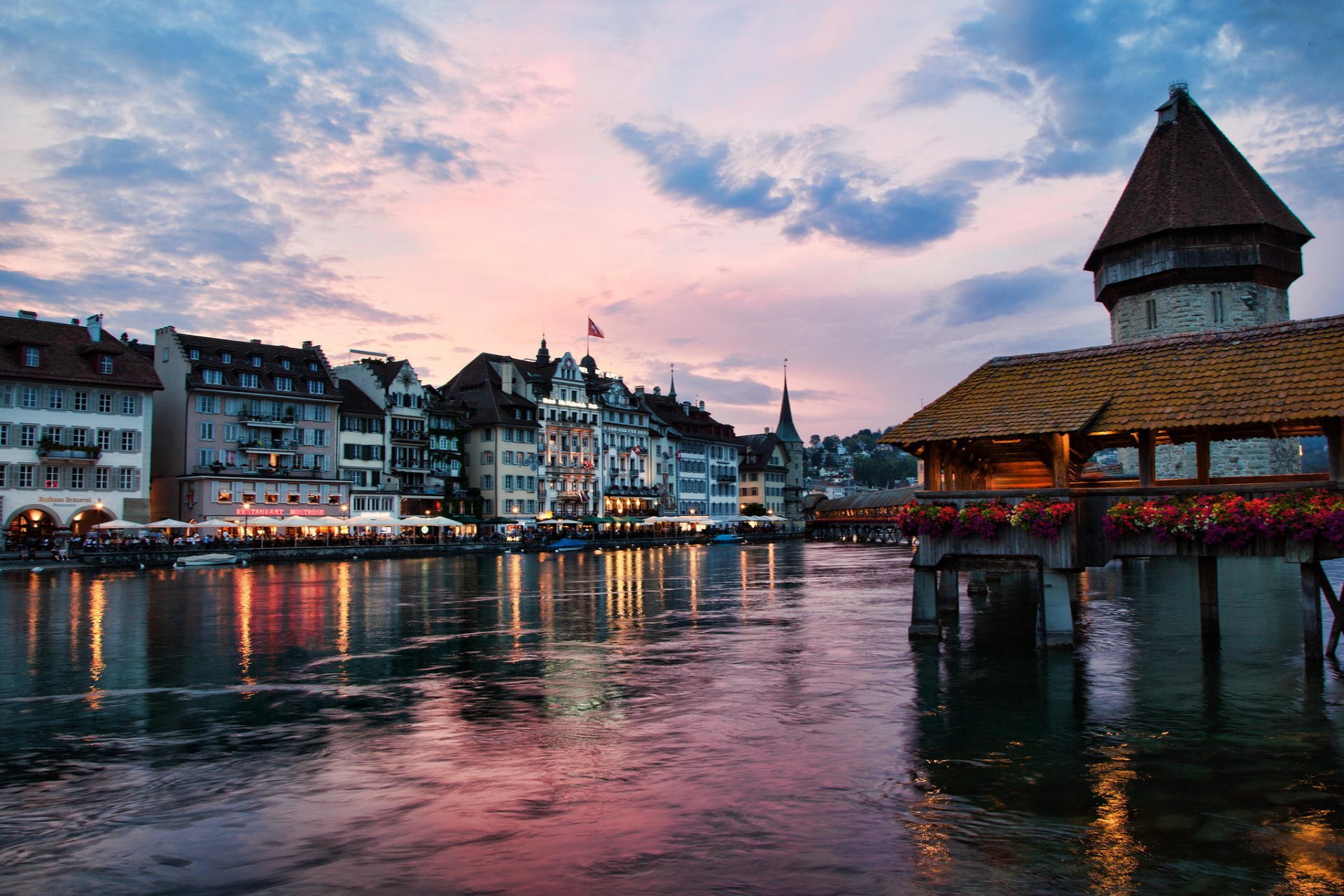 witzerland lucerne town river night house lights reflection cloud