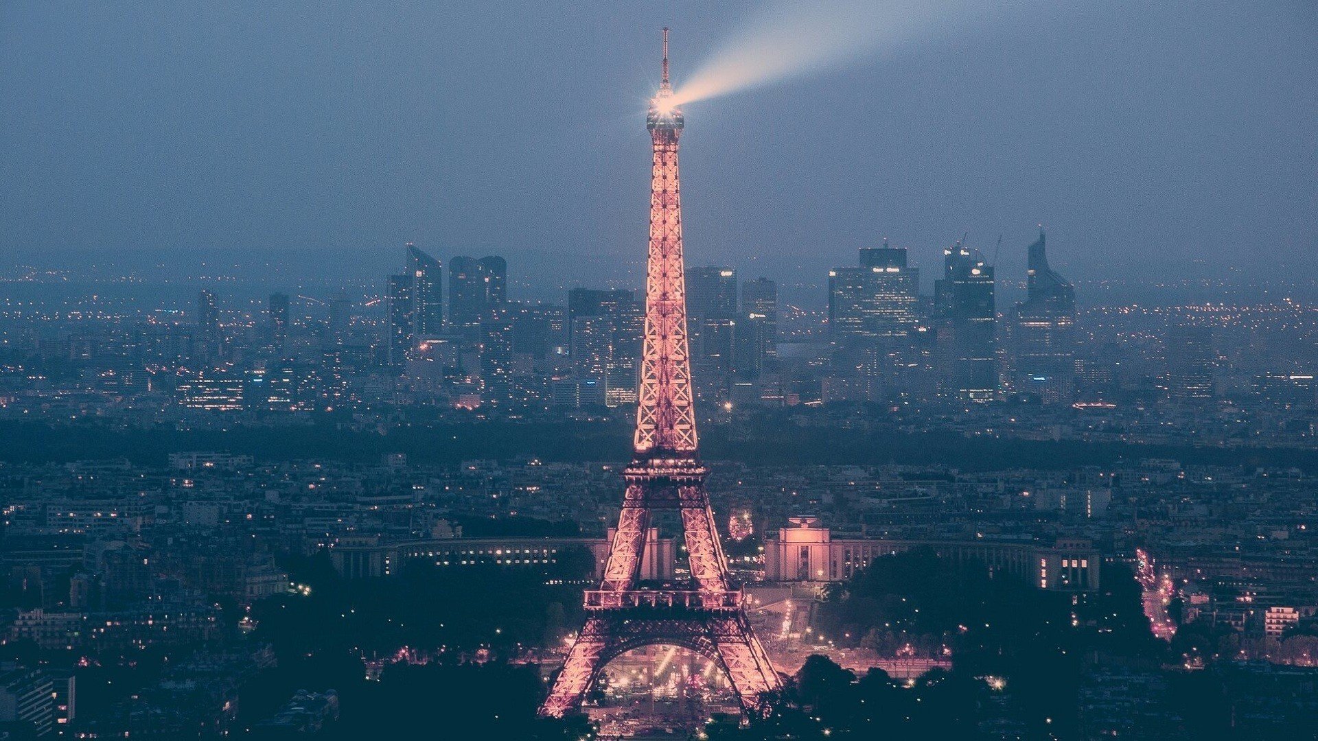 france eiffel tower paris houses twilight streets lanterns lighting city street light