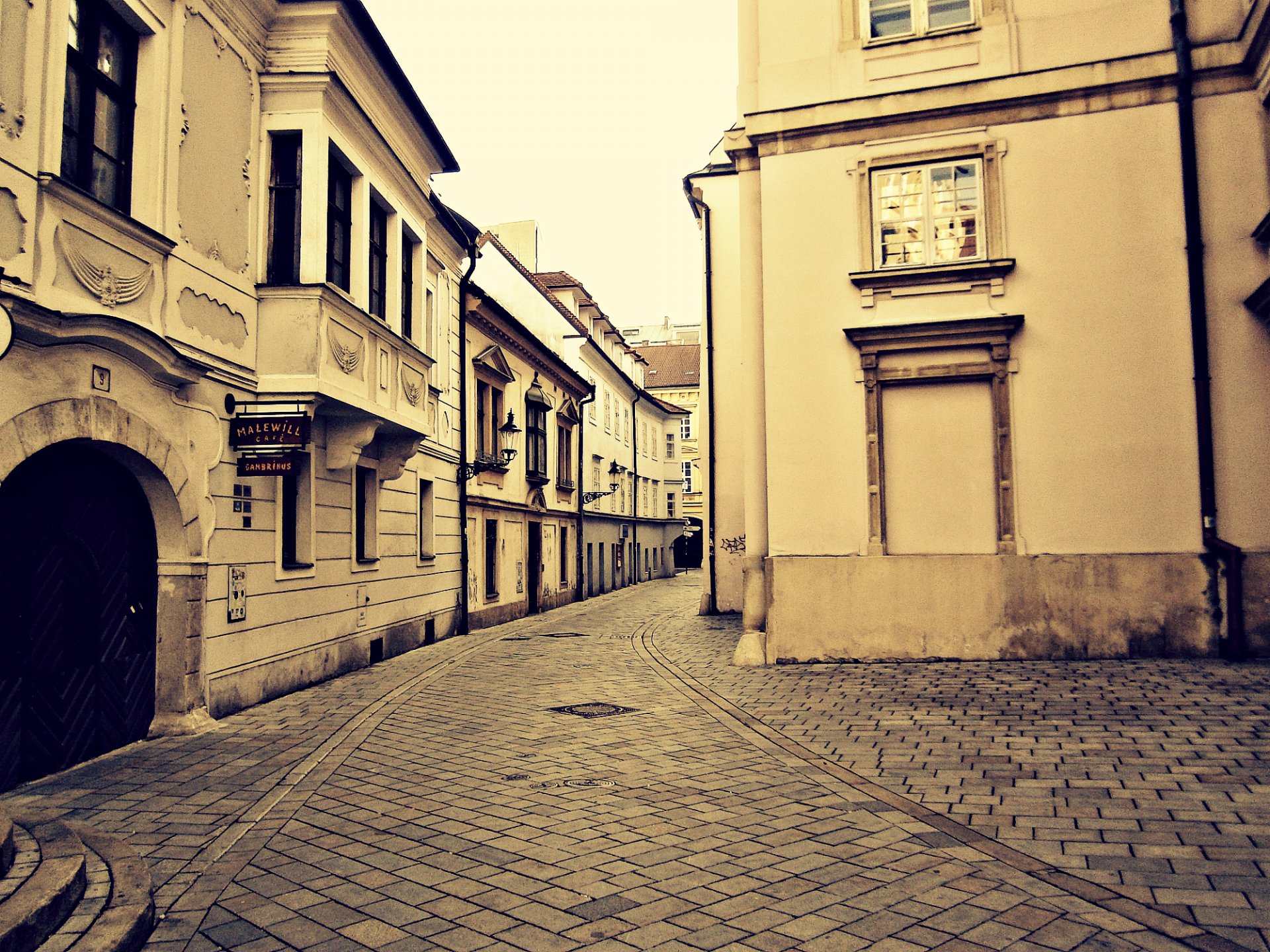 europe picture sidewalk city town window turn houses street slovakia bratislava wallpaper