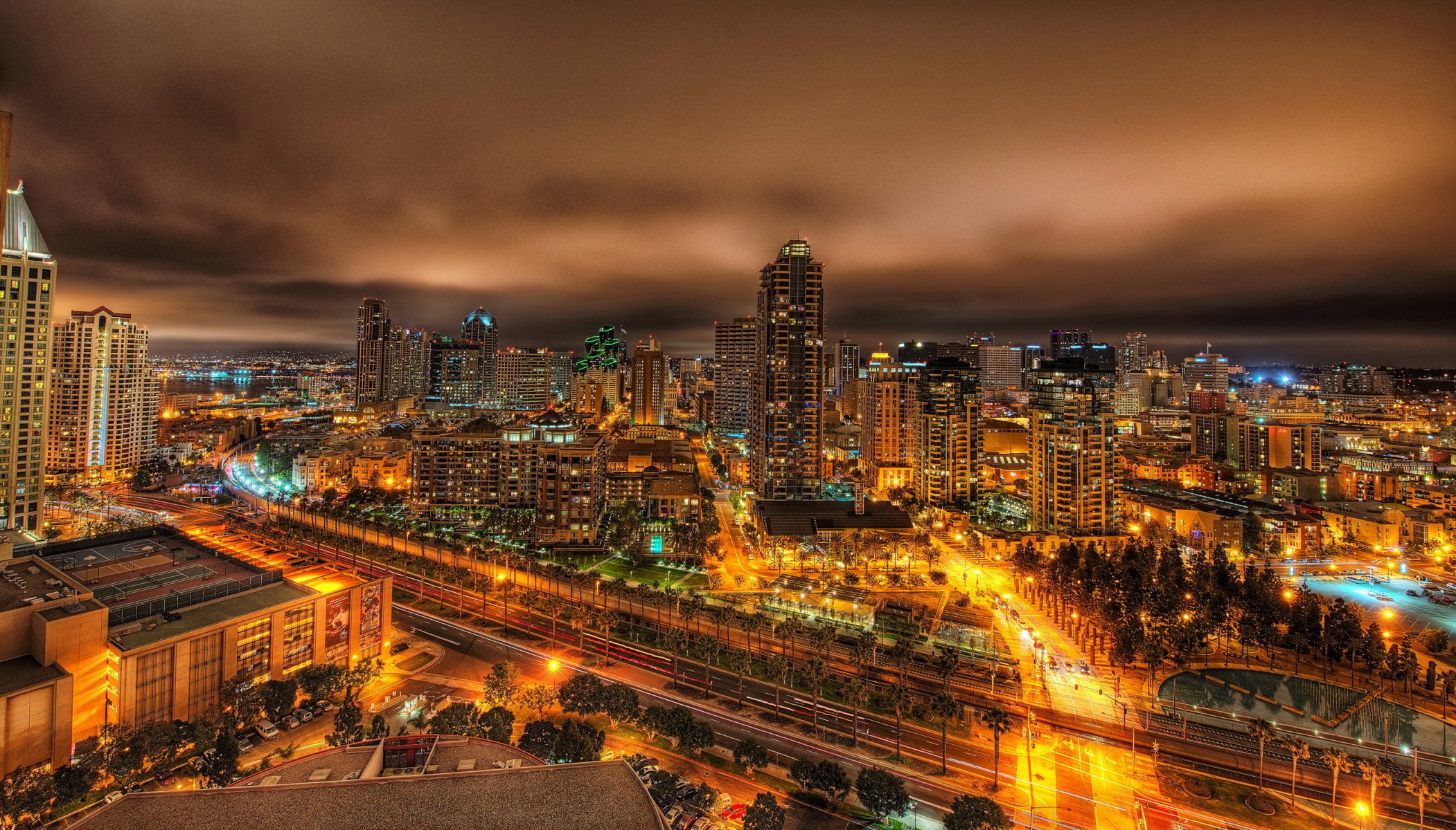 stati uniti california san diego città san diego notte panorama case grattacieli luci strade palme metropoli strade