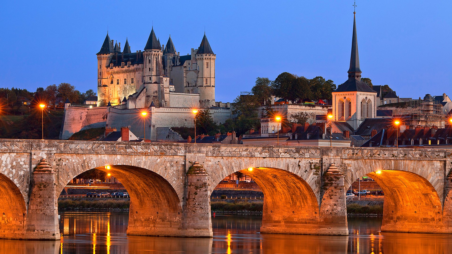 ciel soirée lumières rivière pont prop maisons colline château