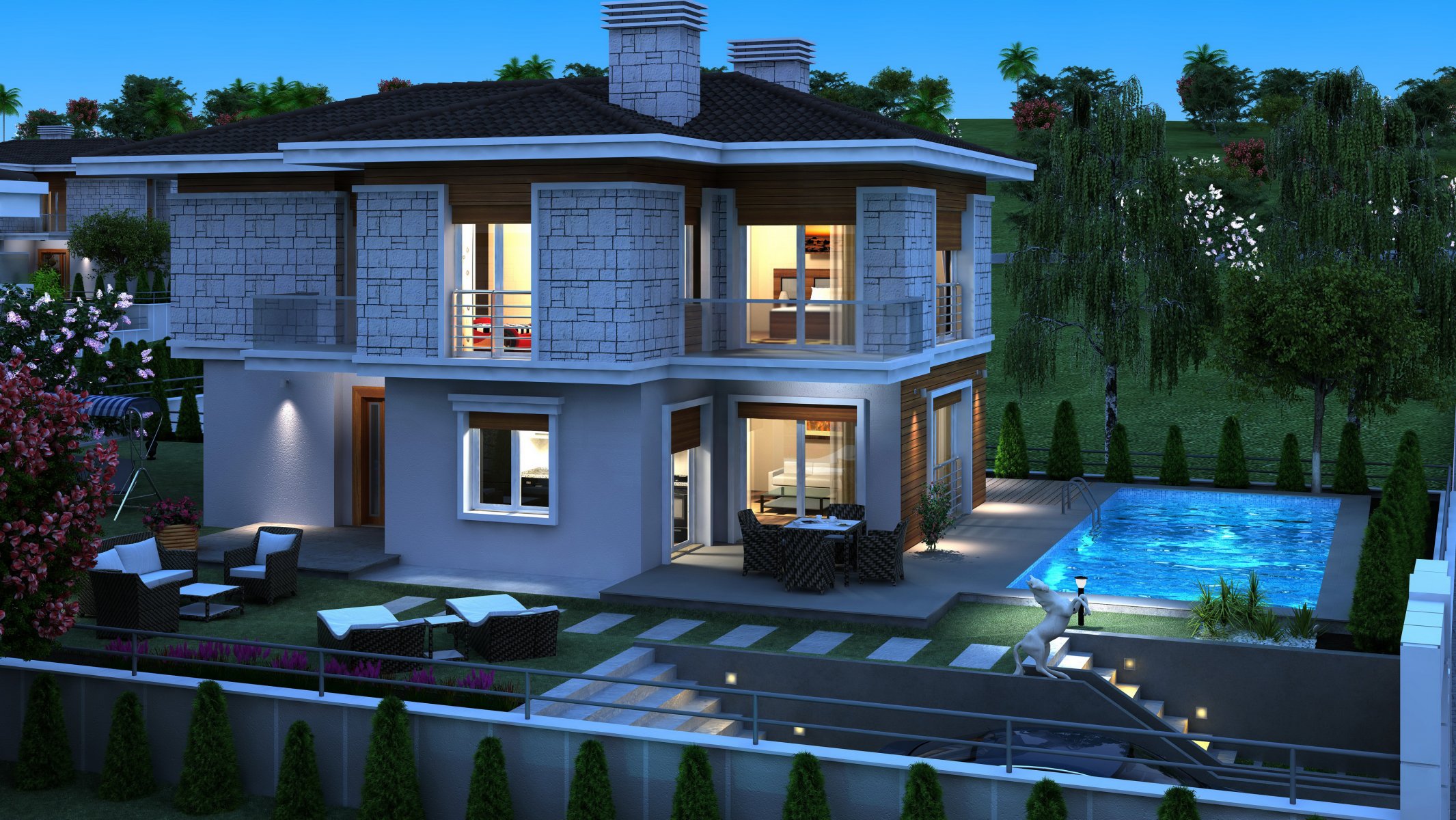 casa design piscina notte palazzo grafica 3d foto