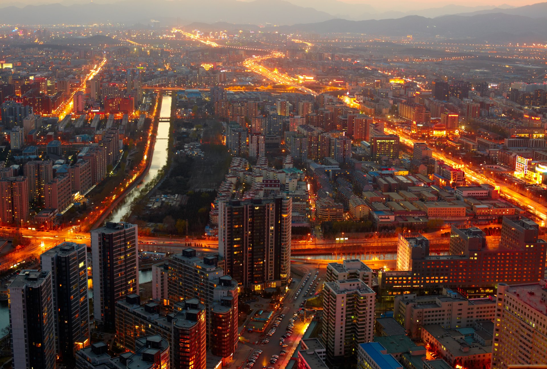cina pechino città di mezzanotte luci paesaggio urbano di mezzanotte edifici luci