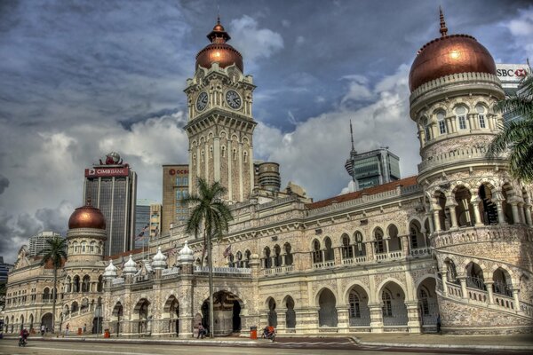 Arable land with domes in Malaysia. Tall palm trees