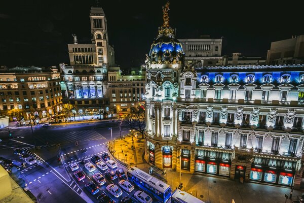 The crossroads of the night city of Madrid in Spain