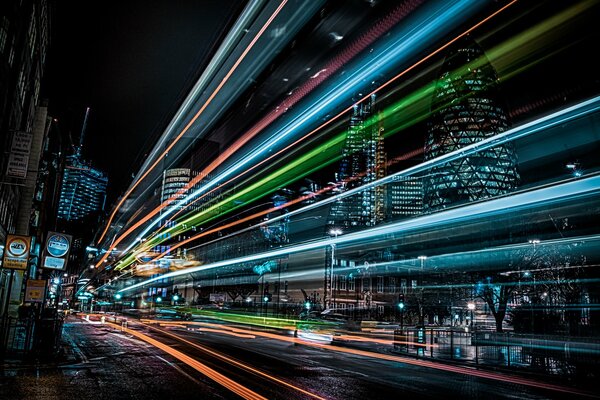 Night city lights in London at speed