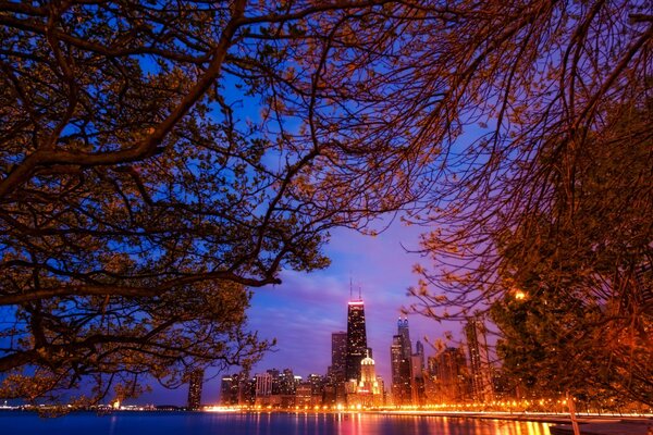 Les lumières de Chicago. Gratte-ciel au bord de l eau