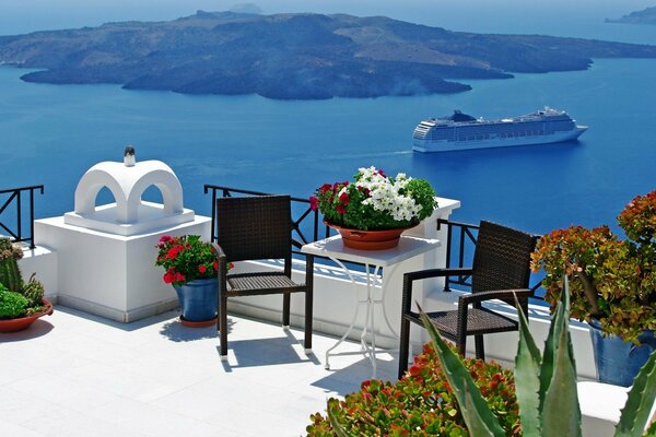 Santorini Island. View of the Aegean Sea, the island from the balcony
