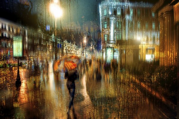 Watercolor picture of a rainy night street