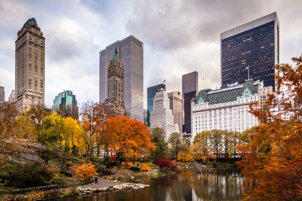 Parque de otoño en nueva York, los rascacielos de América