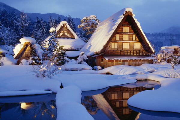 The village in the evening light in winter