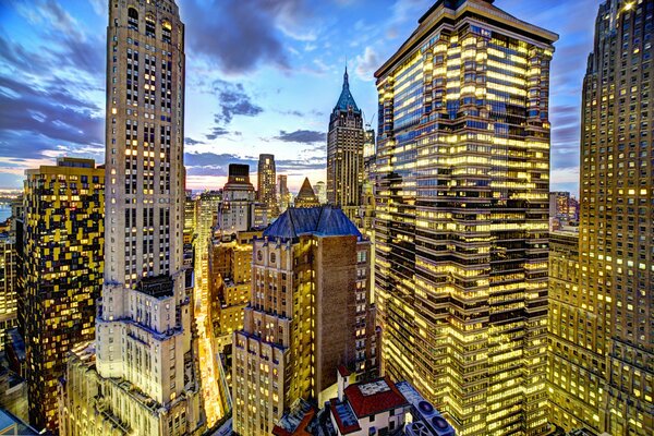 Skyscrapers on the background of an evening sunset in New York