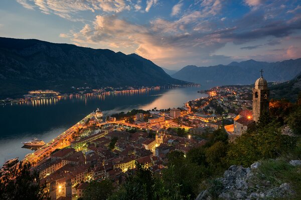 Kotor Bay of the Andriatic Sea in Montenegro. Evening light of houses