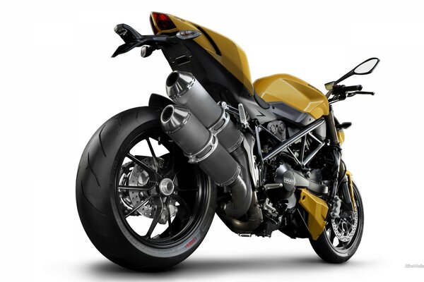 Yellow and black Ducatti motorcycle on a white background