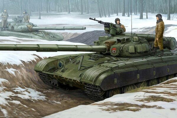 Char de combat soviétique t-64 et deux soldats