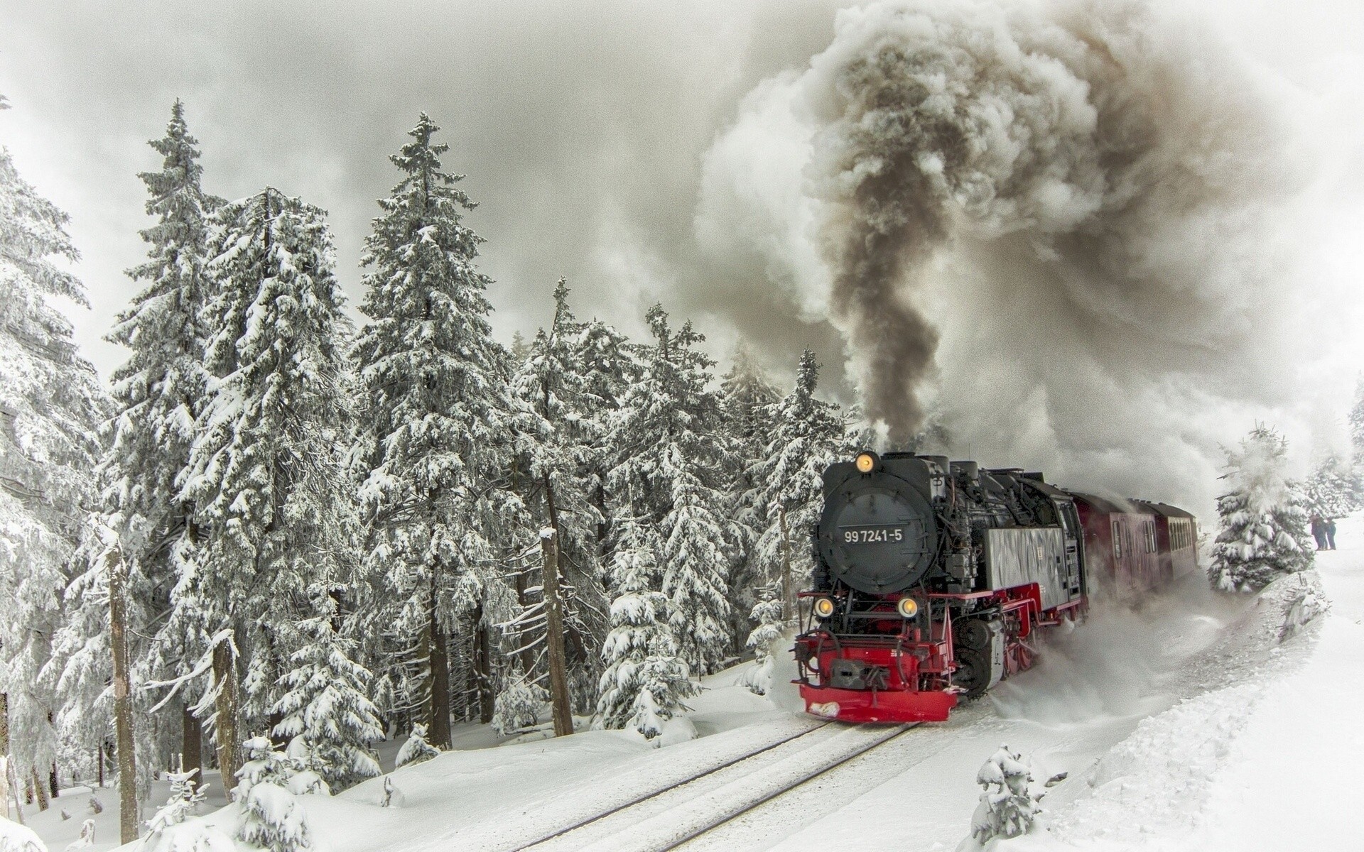 composizione locomotiva cucciolo alberi neve rotaie treno inverno