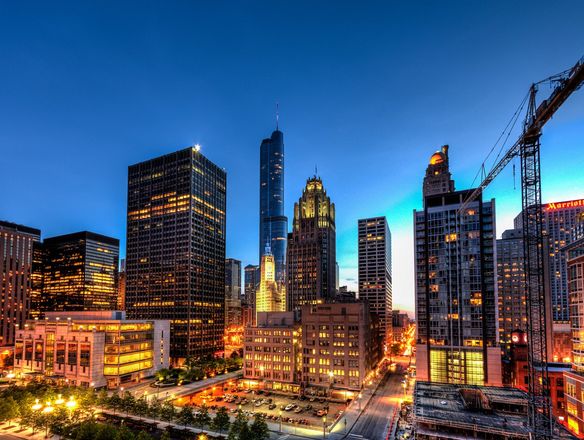 chicago illinois états-unis ville soirée maisons bâtiments gratte-ciel gratte-ciel lumières éclairage lumière routes