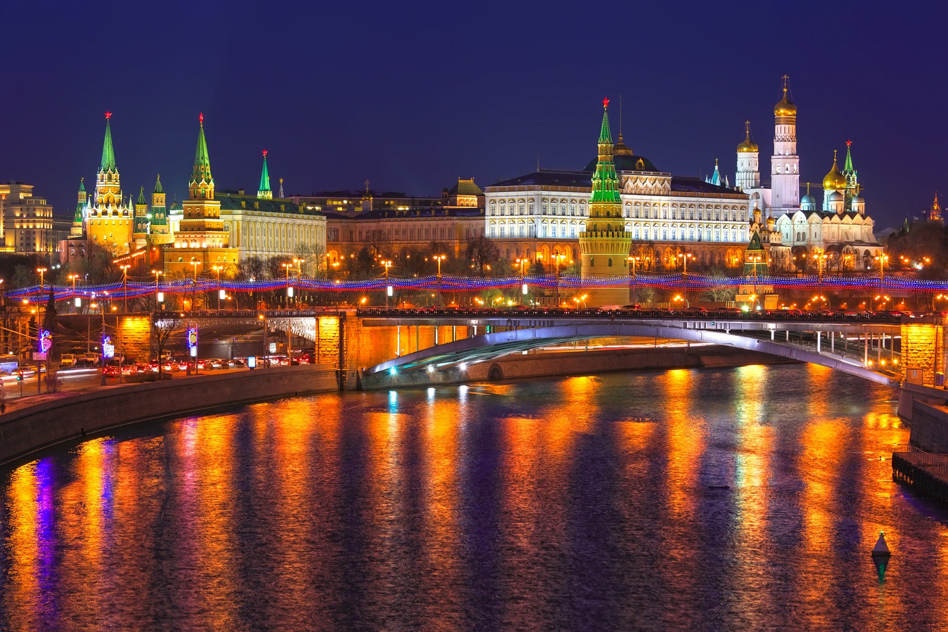 moscou russie kremlin ville nuit lumières rivière réflexion