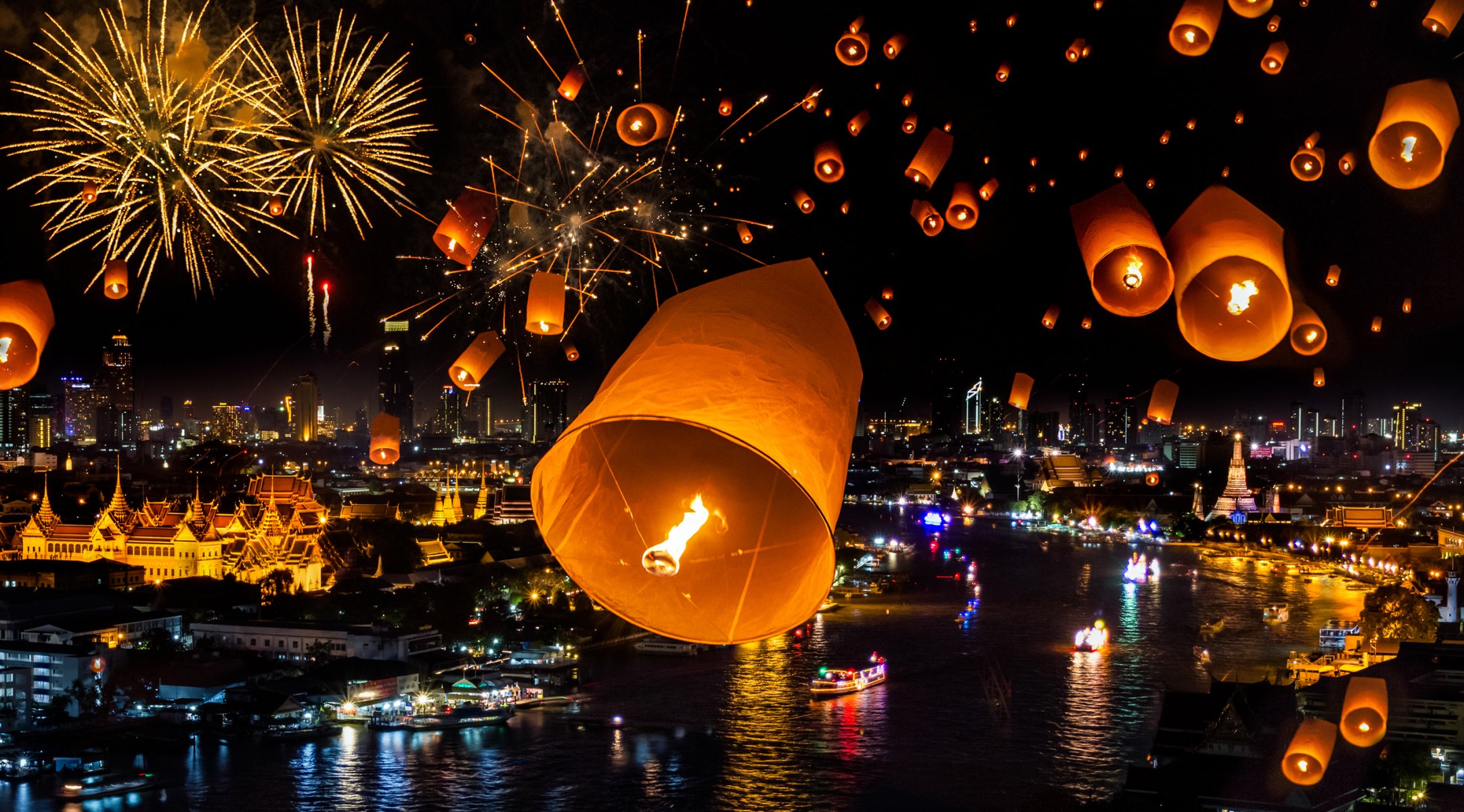 thailand bangkok collage holiday night gulf bay lights flashlights ship house temple